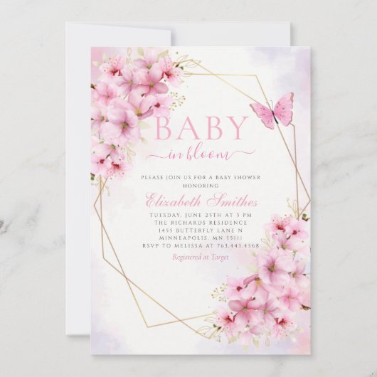 Elegantes Pink Baby in Bloom Script Girl Baby Show Einladung (Vorderseite)