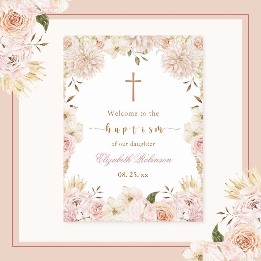 Elegantes Pink Boho Floral Taufposter Poster