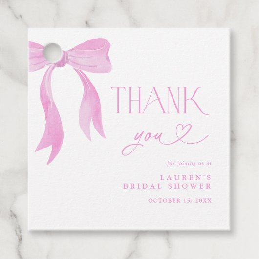 Elegantes Pink Bow Brautparty Script Vielen Dank Geschenkanhänger (Vorderseite)