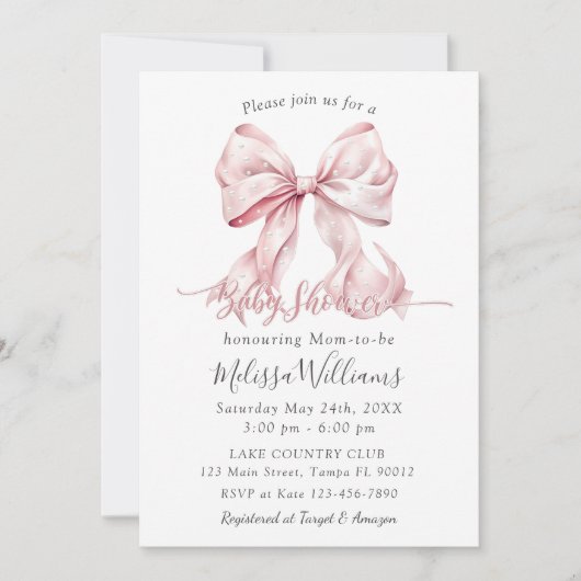 Elegantes Pink Bow Pearls Baby Shower Girl Einladung (Vorderseite)