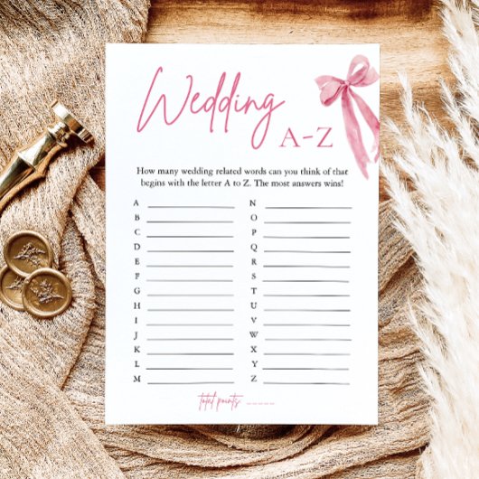 Elegantes Pink Bow Wedding A-Z Brautparty Game Einladung