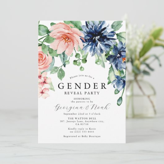 Elegantes Pink & Bue Floral Baby Gender Reveal Par Einladung (Stehend Vorderseite)