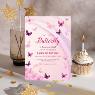 Elegantes Pink Butterflies Party zum 1. Geburtstag Einladung