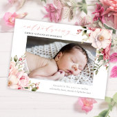 Elegantes Pink Calligraphy Floral Baby Foto Birth Ankündigung