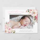 Elegantes Pink Calligraphy Floral Baby Foto Birth Ankündigung (Vorderseite)