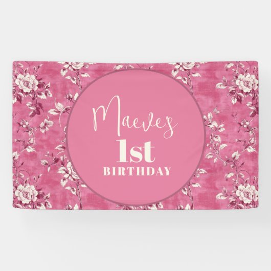Elegantes Pink Chinoiserie 1. Geburtstag Party Banner (Horizontal)