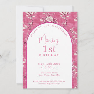 Elegantes Pink Chinoiserie 1. Geburtstag Party Einladung