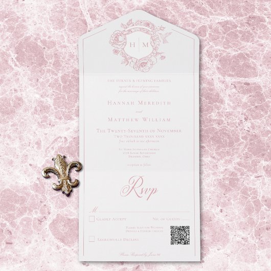 Elegantes Pink Chinoiserie Bird Wappen Wedding QR All In One Einladung