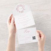 Elegantes Pink Chinoiserie Bird Wappen Wedding QR All In One Einladung (Abreißen)