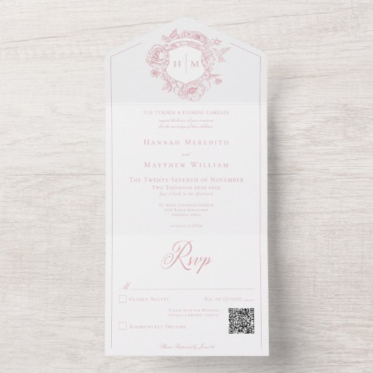 Elegantes Pink Chinoiserie Bird Wappen Wedding QR All In One Einladung (Innen Boden)