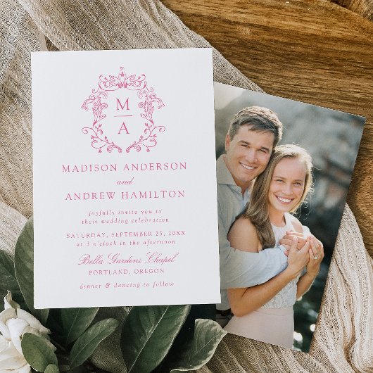 Elegantes Pink Chinoiserie Foto Hochzeit Einladung