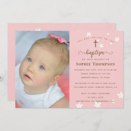 Elegantes Pink Daisies Girl Religious Baptism Foto Einladung