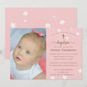 Elegantes Pink Daisies Girl Religious Baptism Foto Einladung