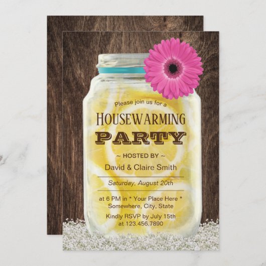 Elegantes Pink Daisy Lemonade Jar Housewarming Par Einladung (Vorne/Hinten)