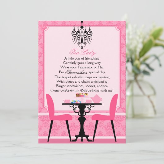 Elegantes Pink Damask Birthday Tea Party Einladung (Stehend Vorderseite)