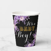 Elegantes Pink Floral Baby Boy Dusche Party 8oz Pappbecher (Rückseite)