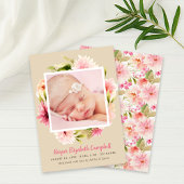 Elegantes Pink Floral Baby Girl Foto Beige Geburt Ankündigung