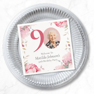 Elegantes Pink Floral Foto 90. Geburtstagsparty Serviette