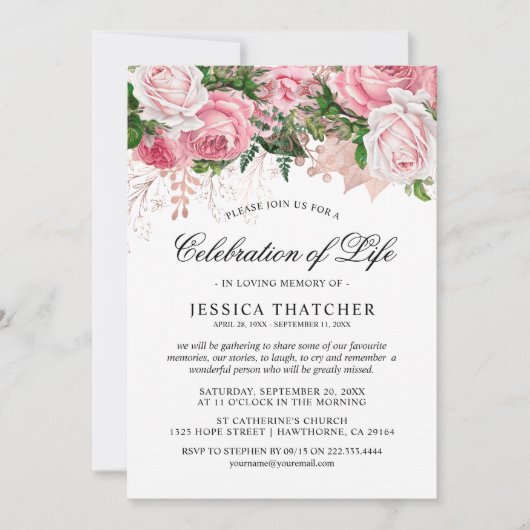 Elegantes Pink-Floral-Gedenkmal | Lebensfeier Einladung (Vorderseite)