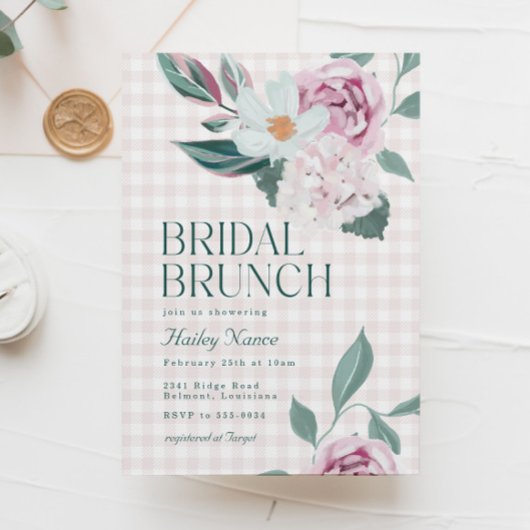 Elegantes Pink Floral Gingham Brautparty Brunch Einladung