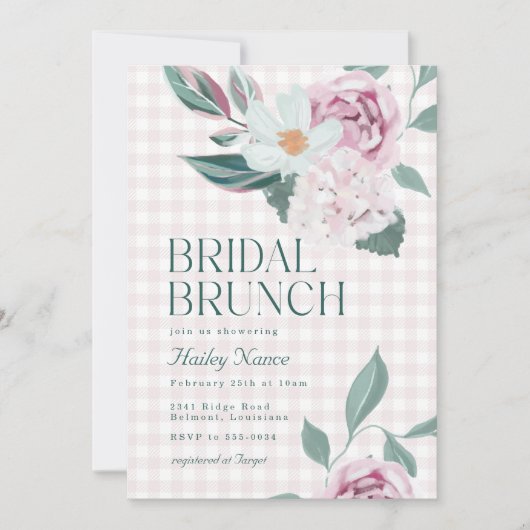 Elegantes Pink Floral Gingham Brautparty Brunch Einladung (Vorderseite)