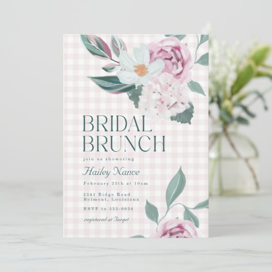 Elegantes Pink Floral Gingham Brautparty Brunch Einladung (Stehend Vorderseite)