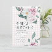 Elegantes Pink Floral Gingham Garden Brautparty Einladung (Stehend Vorderseite)