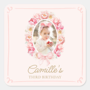 Elegantes Pink Floral Girl Foto Geburtstag Quadratischer Aufkleber
