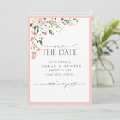 Elegantes Pink Floral Script Foto Hochzeit Save The Date (Stehend Vorderseite)