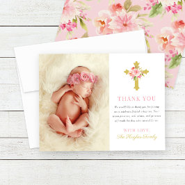 Elegantes Pink Gold Floral Baby Girl Taufe Foto Dankeskarte