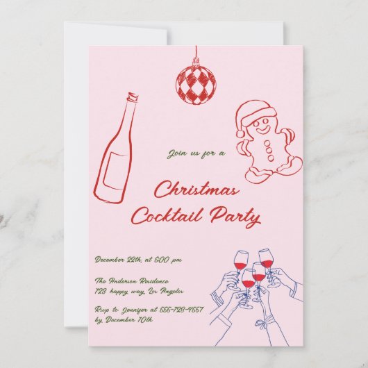 Elegantes Pink Hand Drawn Weihnachtscocktail Party Einladung (Vorderseite)