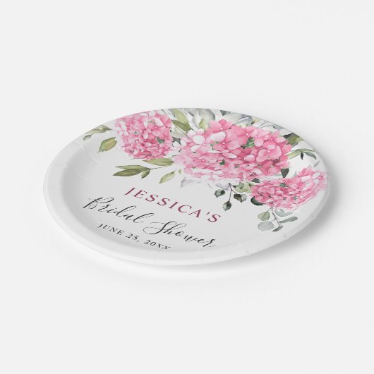 Elegantes Pink Hydrangea Eukalyptus-Brautparty Pappteller (Schrägansicht)