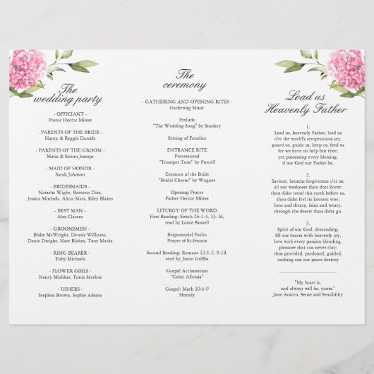 Elegantes Pink Hydrangea Hochzeitsprogramm (Rückseite)