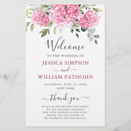 Elegantes Pink Hydrangea Hochzeitsprogramm (Vorderseite)