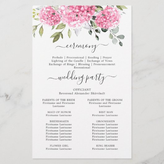 Elegantes Pink Hydrangea Hochzeitsprogramm (Rückseite)