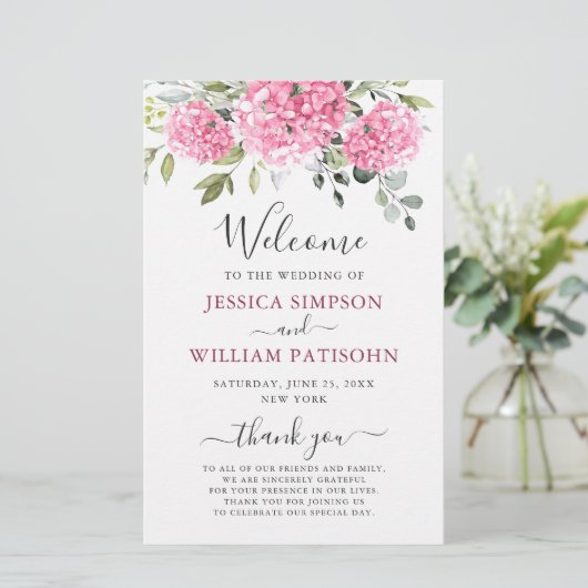 Elegantes Pink Hydrangea Hochzeitsprogramm (Stehend Vorderseite)