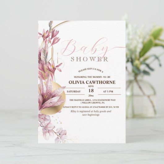 Elegantes Pink Lilies Girly Baby Shower Party Einladung (Stehend Vorderseite)
