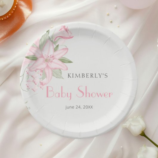 Elegantes Pink Lily Green Blätter Baby Shower Pappteller