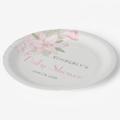 Elegantes Pink Lily Green Blätter Baby Shower Pappteller (Schrägansicht)