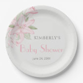 Elegantes Pink Lily Green Blätter Baby Shower Pappteller (Vorderseite)