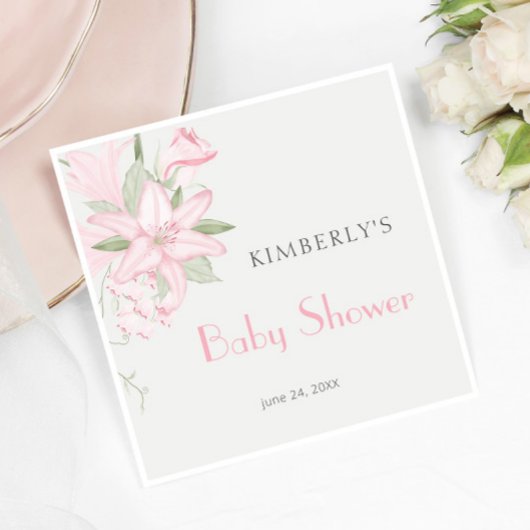Elegantes Pink Lily Green Blätter Baby Shower Serviette