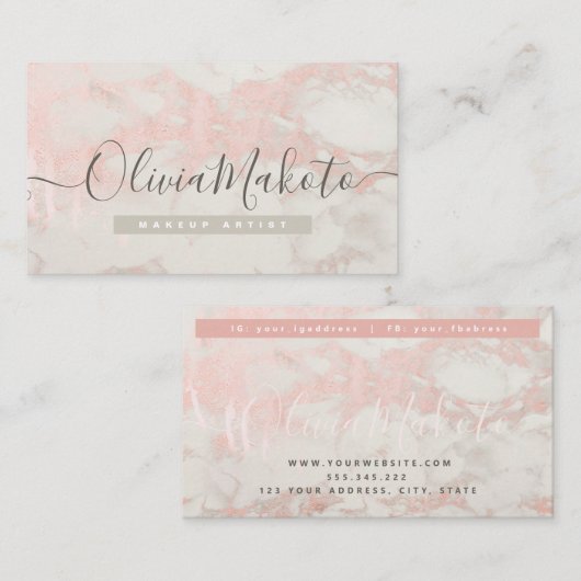 Elegantes Pink-Marmor-Rose-Skriptdesign Visitenkarte (Vorne/Hinten)