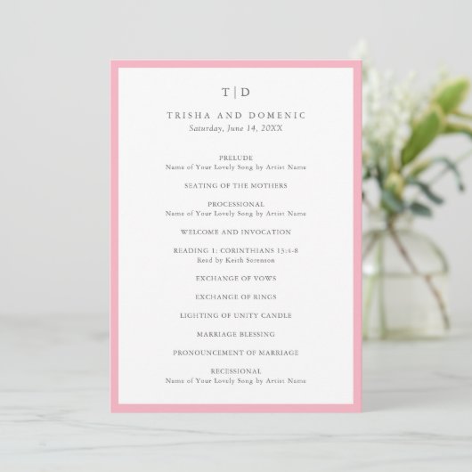 Elegantes Pink Monogramm Moderne Hochzeit Programm (Stehend Vorderseite)