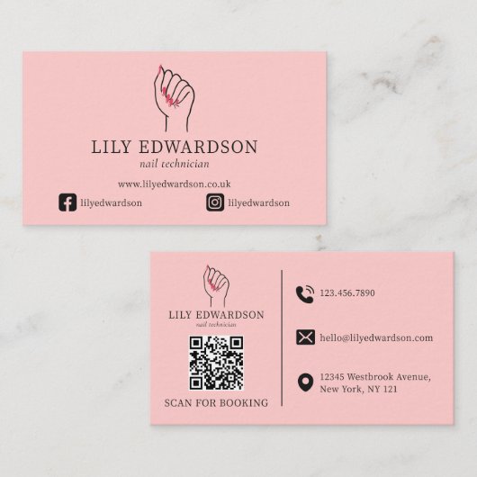 Elegantes Pink-Nageldesignerin-Logo QR-Code Visitenkarte (Vorne/Hinten)