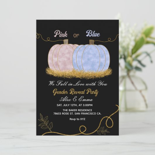Elegantes Pink oder Blue Pumpkin Gender offenbaren Einladung (Stehend Vorderseite)