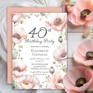 Elegantes Pink Poppies Floral 40. Geburtstag Party Einladung