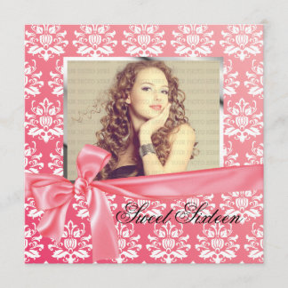 Elegantes Pink Satin Damask Foto Geburtstagsparty Einladung