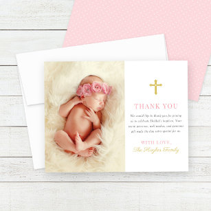 Elegantes Pink und Gold Baby Girl Foto Taufe Dankeskarte