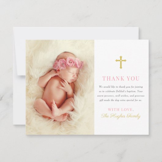 Elegantes Pink und Gold Baby Girl Foto Taufe Dankeskarte (Vorderseite)