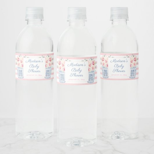 Elegantes Pink & White Floral Girl Babydusche Part Wasserflaschenetikett (Flaschen)